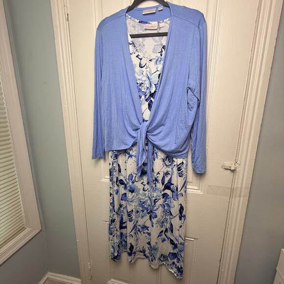 QVC Belle by Kim Gravel Lg Better Together Dress Cardigan Set Blue Floral NWOT - Picture 1 of 13